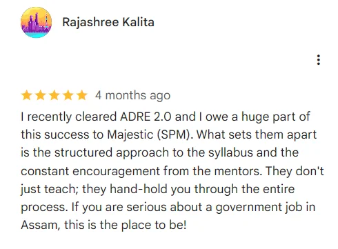 Google review screenshot showing high ratings and positive feedback for Majestic Academy's ADRE coaching classes in Guwahati.